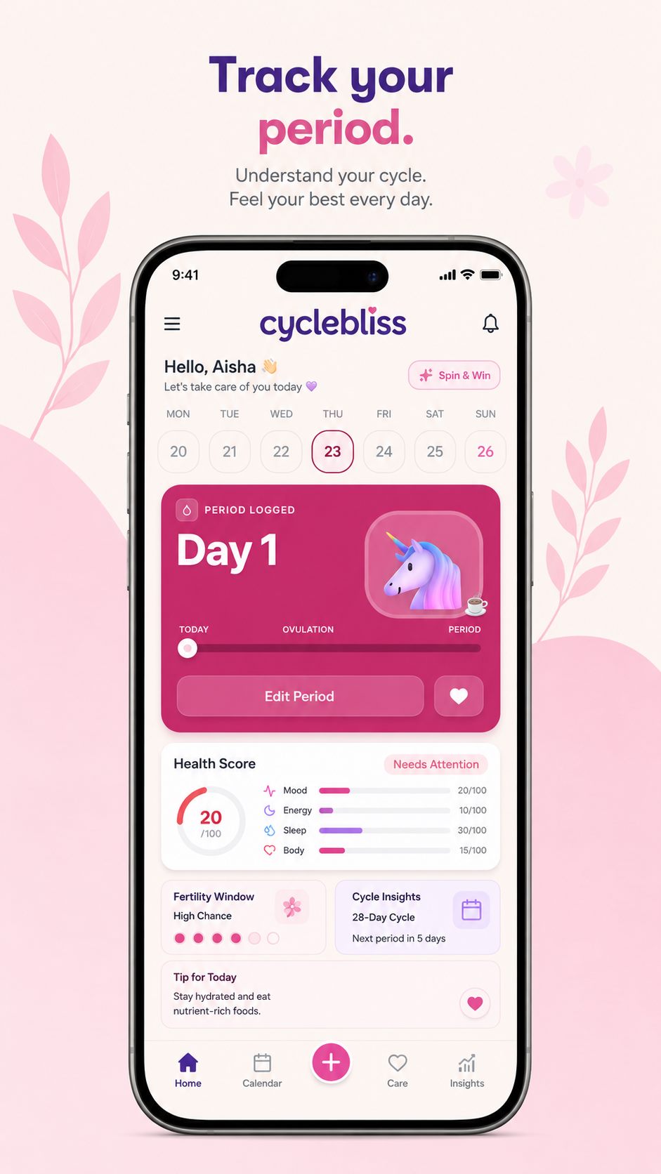 CycleBliss home screen showing period tracking dashboard